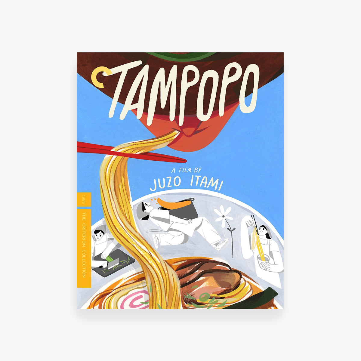 Movie poster for 'Tampopo' with noodles and characters on a blue background