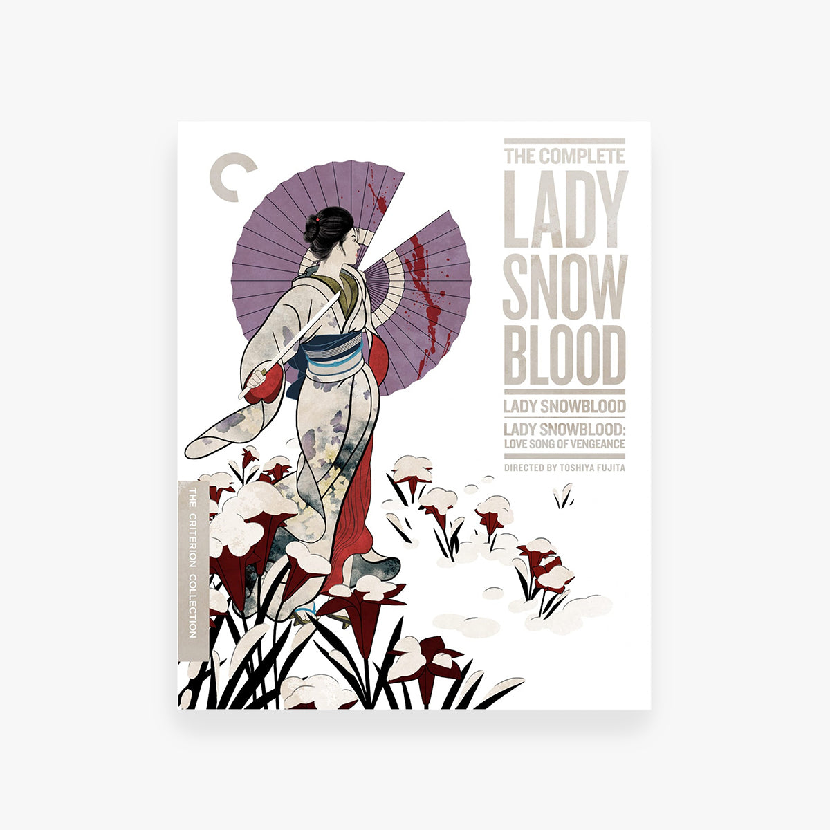 Blu-Ray poster for 'The Complete Lady Snowblood' with an illustration of a woman in traditional attire against a white background.