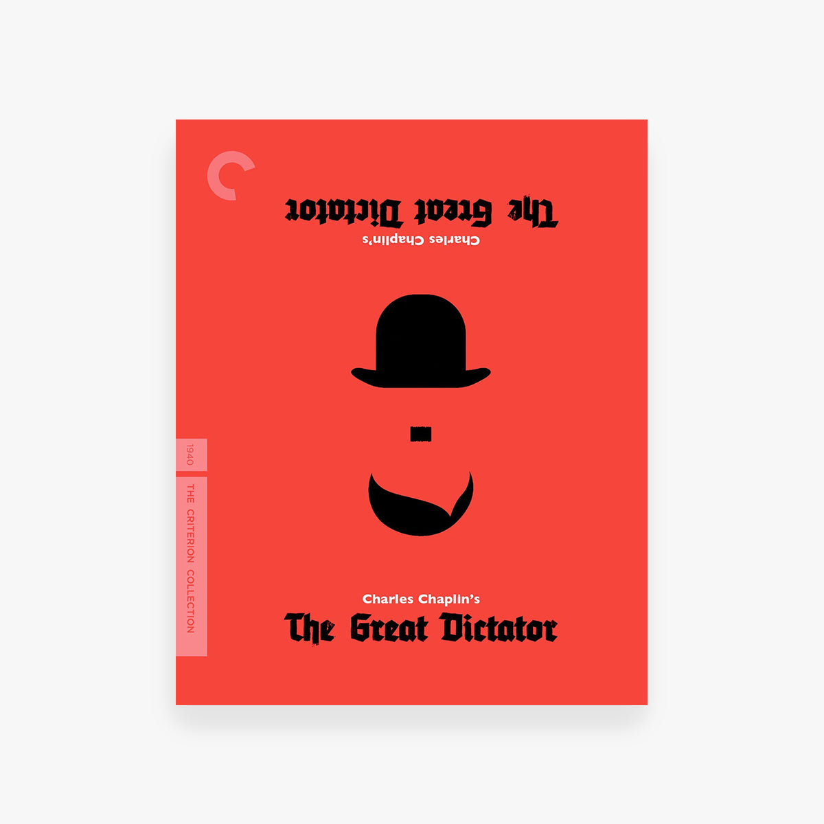 Red movie cover for 'The Great Dictator' with a black silhouette of a face and hat on a white background.