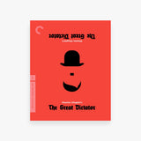 Red movie cover for 'The Great Dictator' with a black silhouette of a face and hat on a white background.