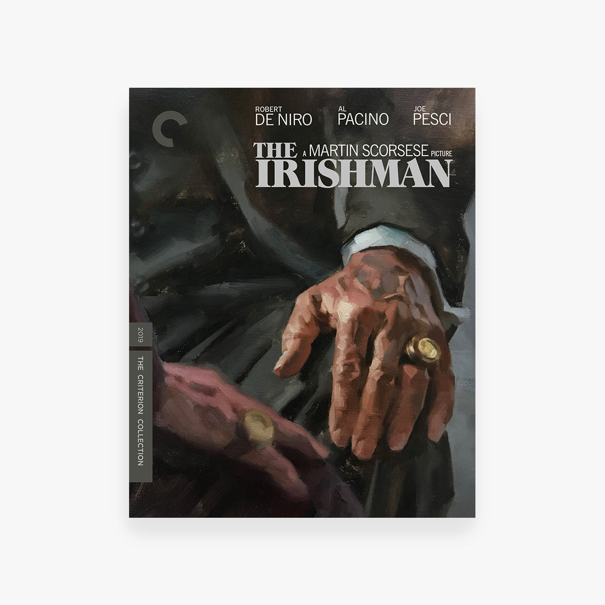 DVD cover for 'The Irishman' featuring hands with rings on a white background