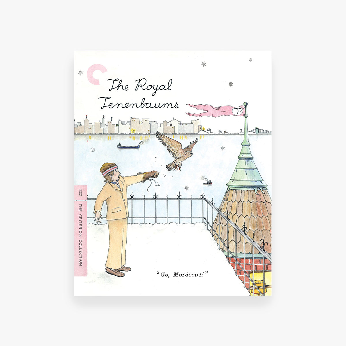 Illustration of a man with a bird, featuring 'The Royal Tenenbaums' text, on a white background.