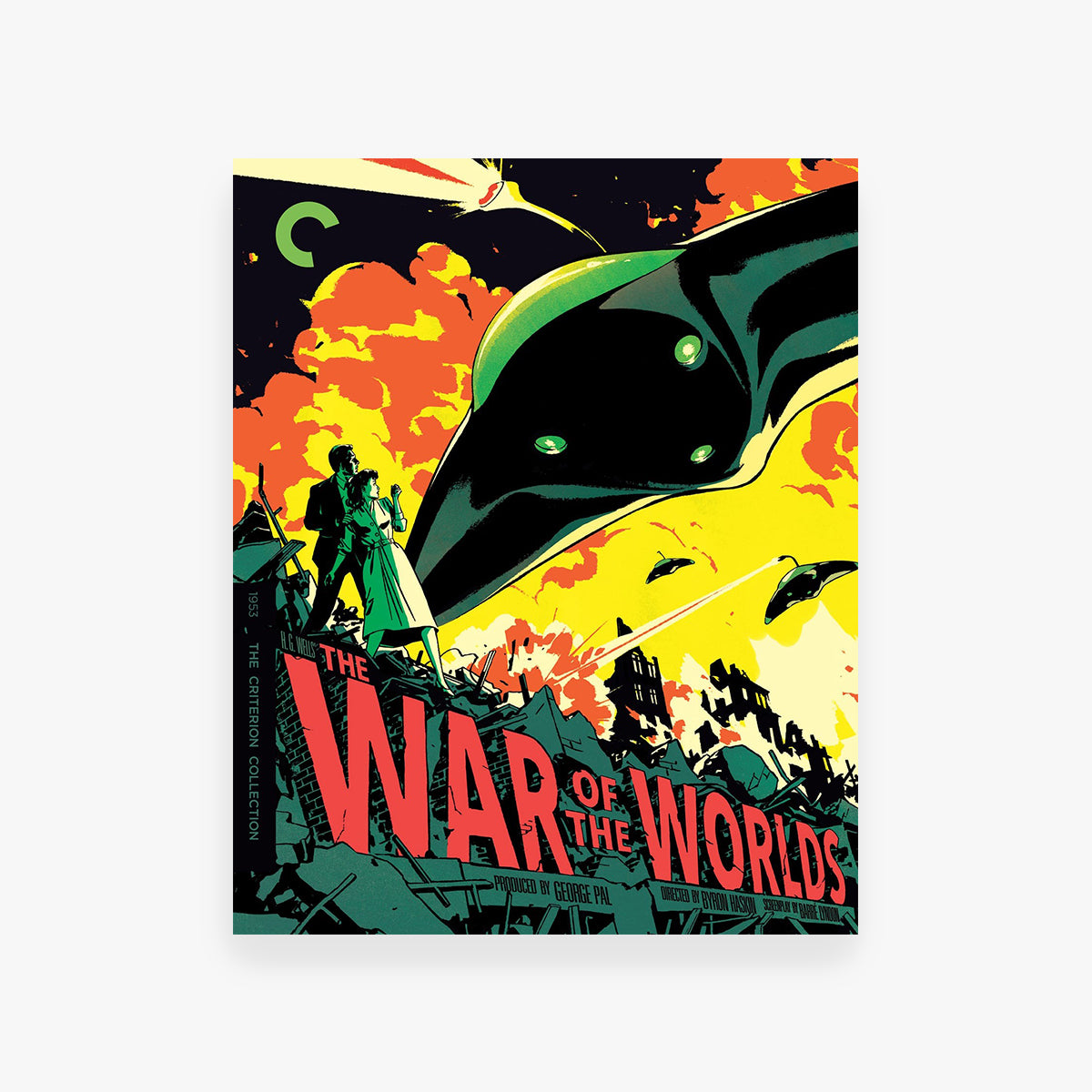Vintage-style poster for 'The War of the Worlds' with a spaceship and cityscape.