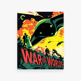 Vintage-style poster for 'The War of the Worlds' with a spaceship and cityscape.