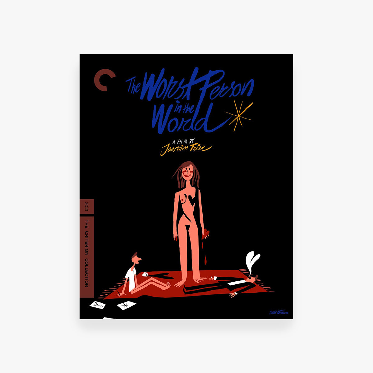 DVD cover of 'The Worst Person in the World' with illustration of a woman and child on a red couch.
