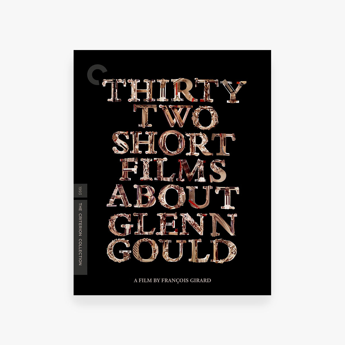 Movie cover of 'Thirty Two Short Films About Glenn Gould' with metallic text on a black background.