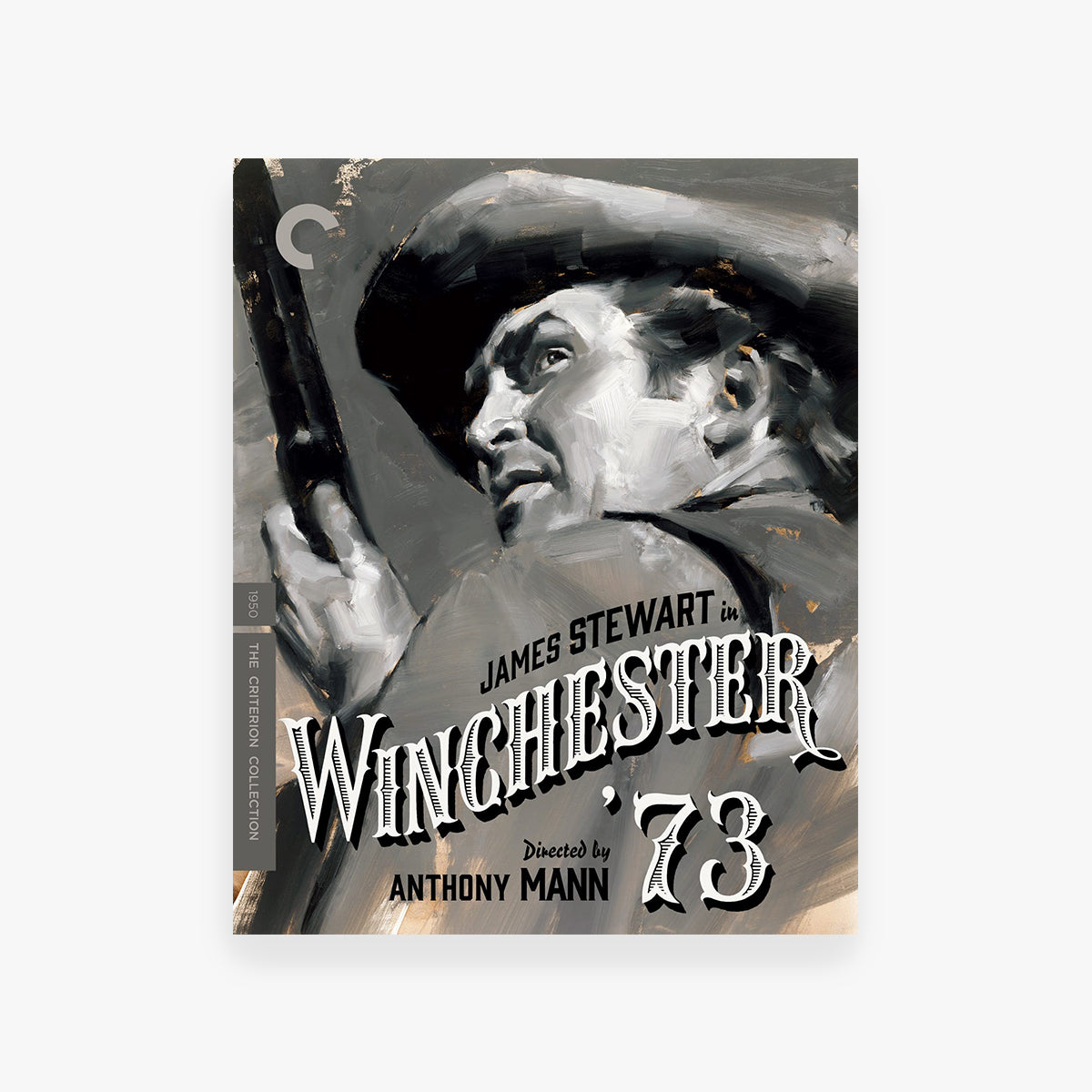 Movie poster for 'Winchester '73' featuring James Stewart with a gun, from The Criterion Collection.