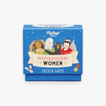 The box for Ridley's Inspirational Women Trivia Game features a blue background with illustrations of diverse, influential women, including Jane Goodall with a chimpanzee. The title is displayed on a central cream-colored banner.