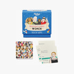 The box for Ridley's Inspirational Women Trivia Game is shown above a collection of illustrated cards, including one featuring singer Adele with a trivia question about her first UK number one single.