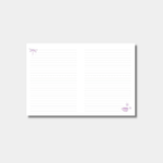 An open notebook shows lined white pages decorated with a small purple dragonfly in the top-left corner and a teacup in the bottom-right.
