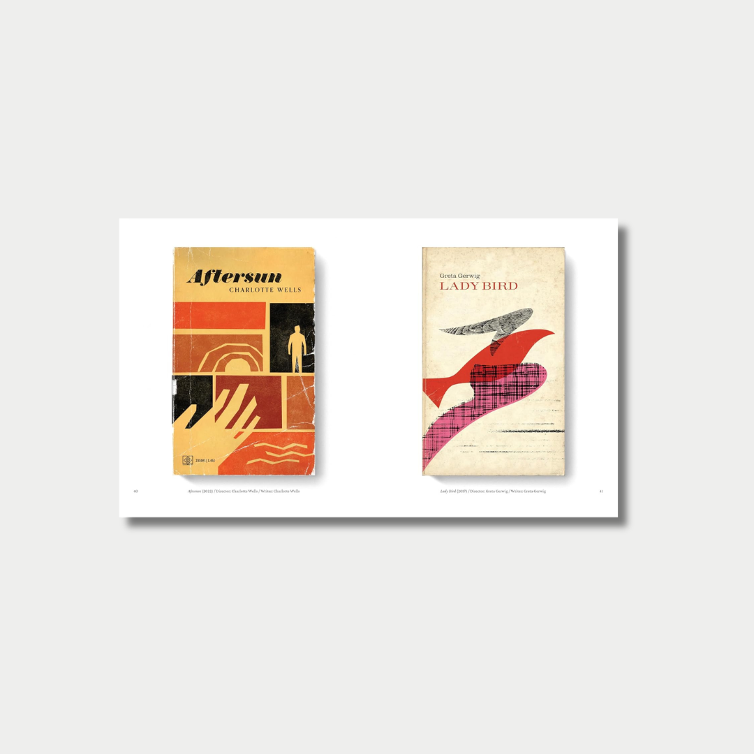 An open book spread featuring a vintage-style mock cover for the movie Aftersun on the left page and a vintage-style mock cover for the movie Lady Bird on the right page.