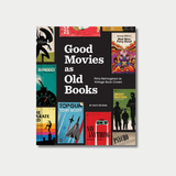 Book cover of "Good Movies as Old Books: Films Reimagined as Vintage Book Covers" by Matt Stevens, featuring a dark background surrounded by several retro-style mock book covers for famous films like Alien, Mad Max: Fury Road, Speed, Ghostbusters, Top Gun, and Say Anything.
