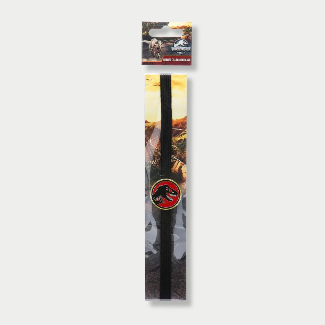 Jurassic Park elastic band bookmark packaged on a cardboard backing featuring a T-Rex red enamel charm.