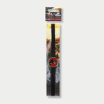 Jurassic Park elastic band bookmark packaged on a cardboard backing featuring a T-Rex red enamel charm.