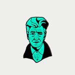 An enamel lapel pin depicting a green glowing bust illustration of filmmaker David Lynch with his signature swept-back white hair, a dark jacket, and a buttoned shirt against a plain gray background.