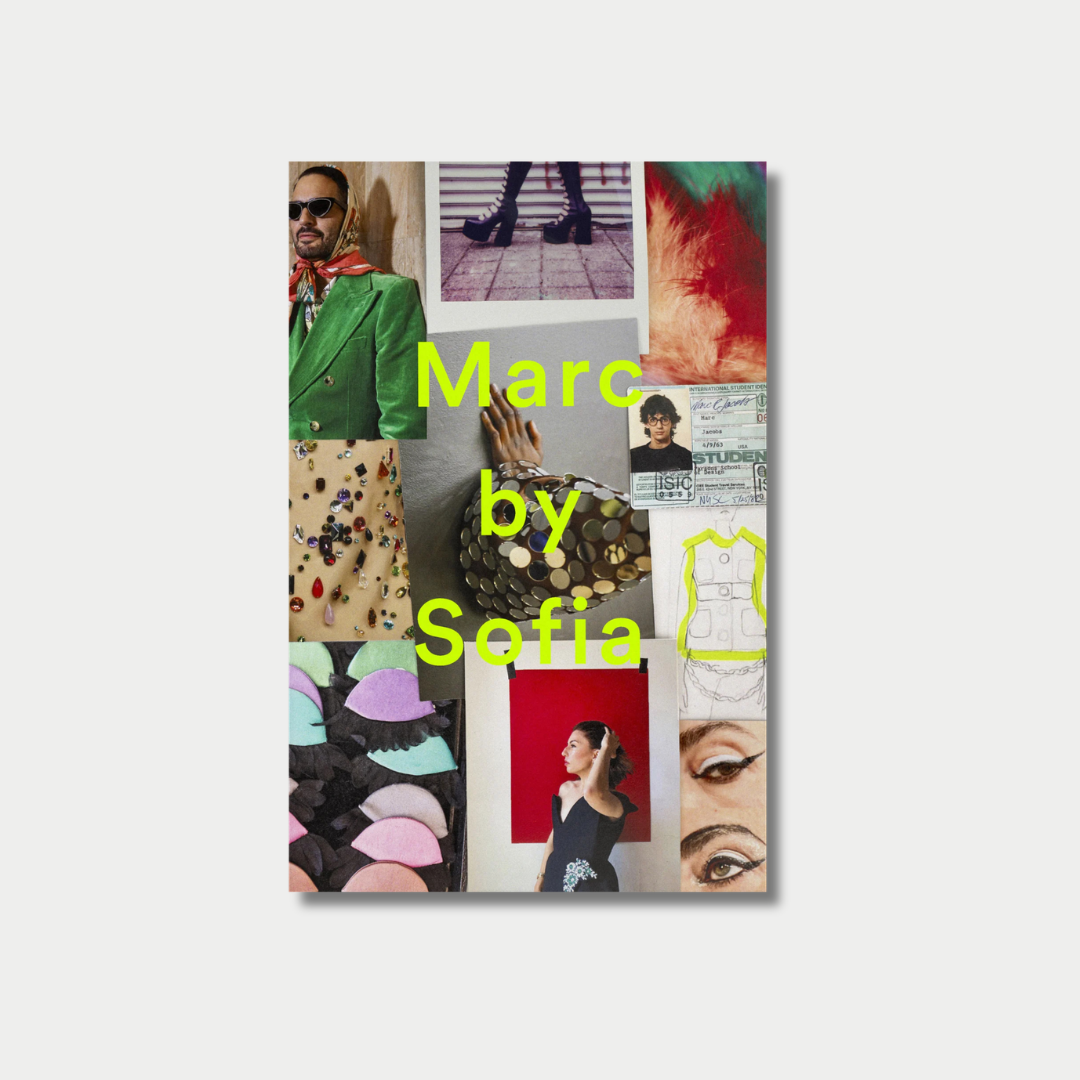 A vibrant photo collage features the bright chartreuse text "Marc by Sofia" overlaid on an assortment of fashion-related images, including portraits, fabric details, sketches, and a student ID.