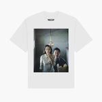 White T-shirt with film still from Parasite.