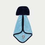 Back of blue hanging hand towel features the face of No-Face from Spirited Away at the top and an embroidered soot sprite near the bottom corner.
