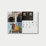 An open copy of Darren Aronofsky's "PI: The Guerilla Diaries" displays scrapbook-style layout spreads containing production photographs, typewriter-written journal entries, actor resumes, and graphic typography experiments centered around the $\pi$ symbol, all set against a clean, light gray background.