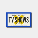 A blue and white box for the party game "Poorly Explained TV Shows," featuring bold black text over a large yellow "X" against a plain light gray background.