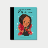 The book cover for "Little People, BIG DREAMS: Rihanna" features an illustration of a young Rihanna holding a microphone and wearing a red feather boa against a bright turquoise background.