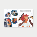 An open children's book spread showing illustrations of Rihanna's busy career, featuring four circular vignettes of her recording, modeling, and signing autographs on the left, and a larger illustration of her getting her hair and makeup done on the right.