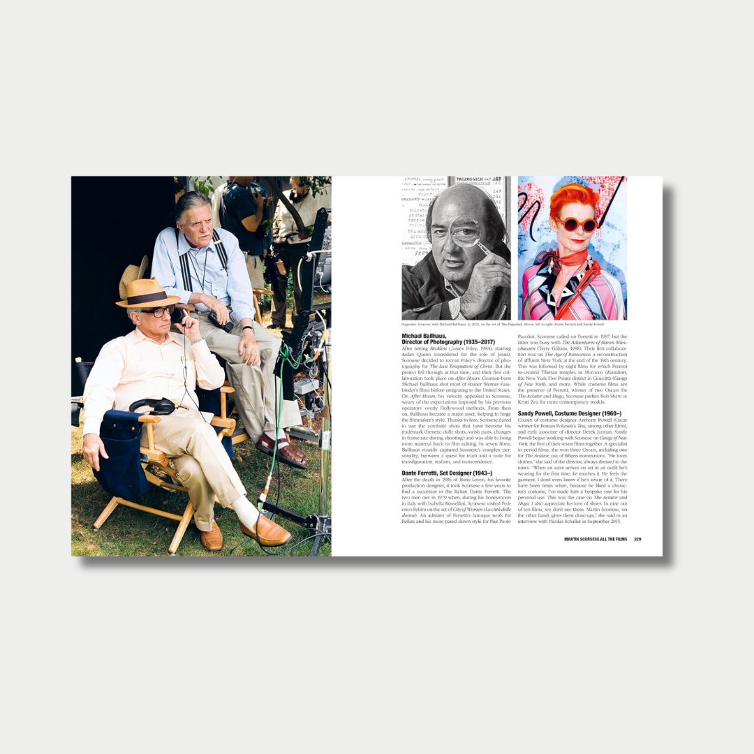 An open book spread featuring a full-page photograph of director Martin Scorsese and cinematographer Michael Ballhaus on a film set on the left, and a page of biographical text with two smaller portraits of production designers Dante Ferretti and Sandy Powell on the right.