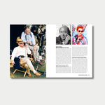 An open book spread featuring a full-page photograph of director Martin Scorsese and cinematographer Michael Ballhaus on a film set on the left, and a page of biographical text with two smaller portraits of production designers Dante Ferretti and Sandy Powell on the right.