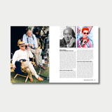 An open book spread featuring a full-page photograph of director Martin Scorsese and cinematographer Michael Ballhaus on a film set on the left, and a page of biographical text with two smaller portraits of production designers Dante Ferretti and Sandy Powell on the right.