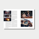 An open book spread dedicated to the film "Killers of the Flower Moon," featuring textual analysis alongside production stills of Leonardo DiCaprio, Lily Gladstone, and Robert De Niro on the right page, and three smaller cinematic shots stacked on the left margin.