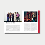 An open book spread titled "Scorsese and Music," featuring a photograph of Martin Scorsese with The Rolling Stones on the left page and a live performance photo of Eric Clapton on the right page.