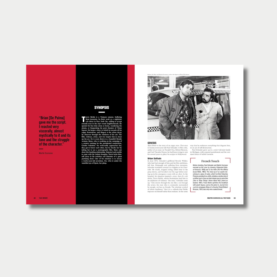 An open book spread dedicated to the film "Taxi Driver," featuring a red and black color-blocked left page with a synopsis and a right page with a black-and-white production photograph of Robert De Niro and Martin Scorsese.