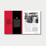 An open book spread dedicated to the film "Taxi Driver," featuring a red and black color-blocked left page with a synopsis and a right page with a black-and-white production photograph of Robert De Niro and Martin Scorsese.