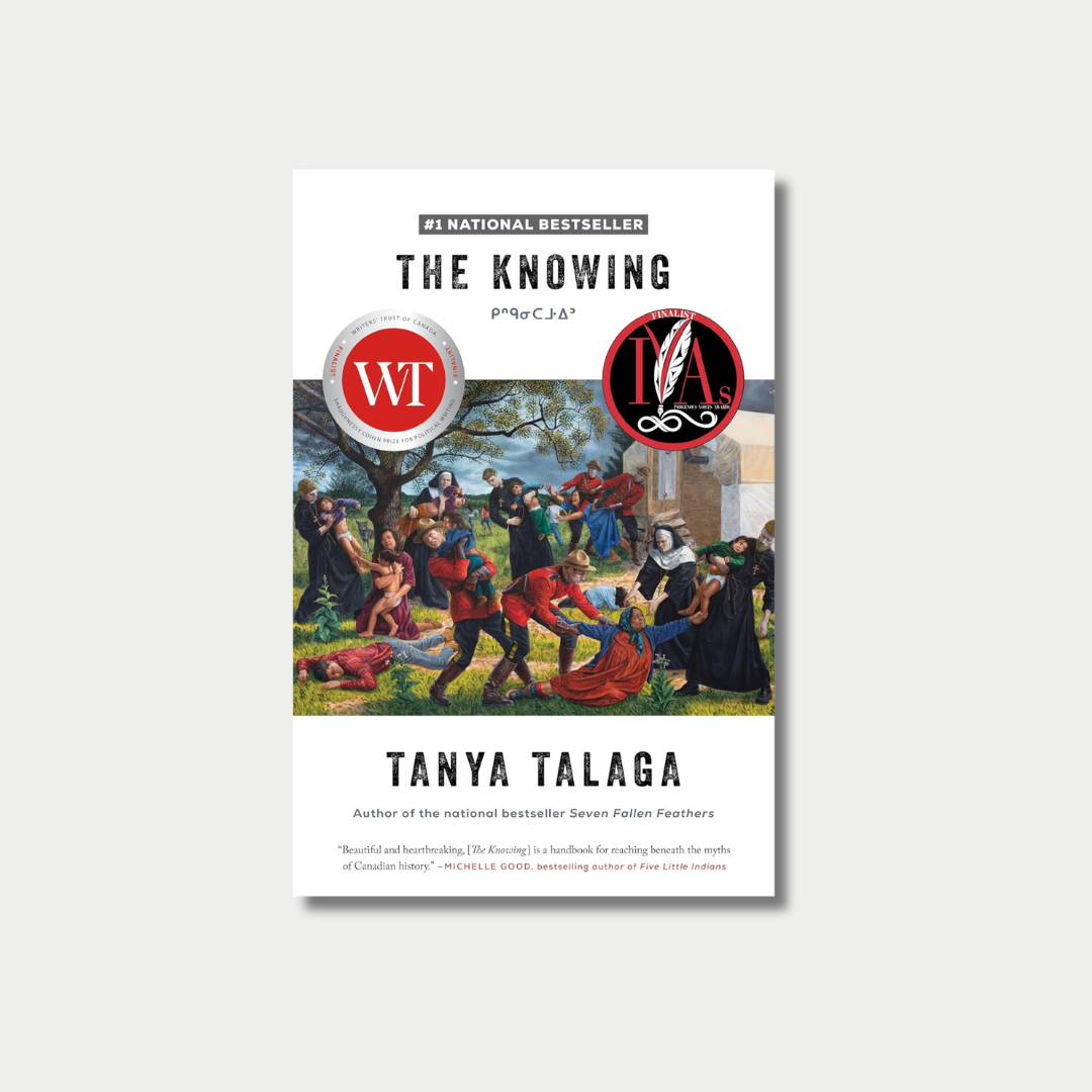 Book cover featuring an illustration depicting the forced removal of Indigenous children by authorities and nuns, with the title "THE KNOWING" and the author's name "TANYA TALAGA" printed in bold black text against a white background.
