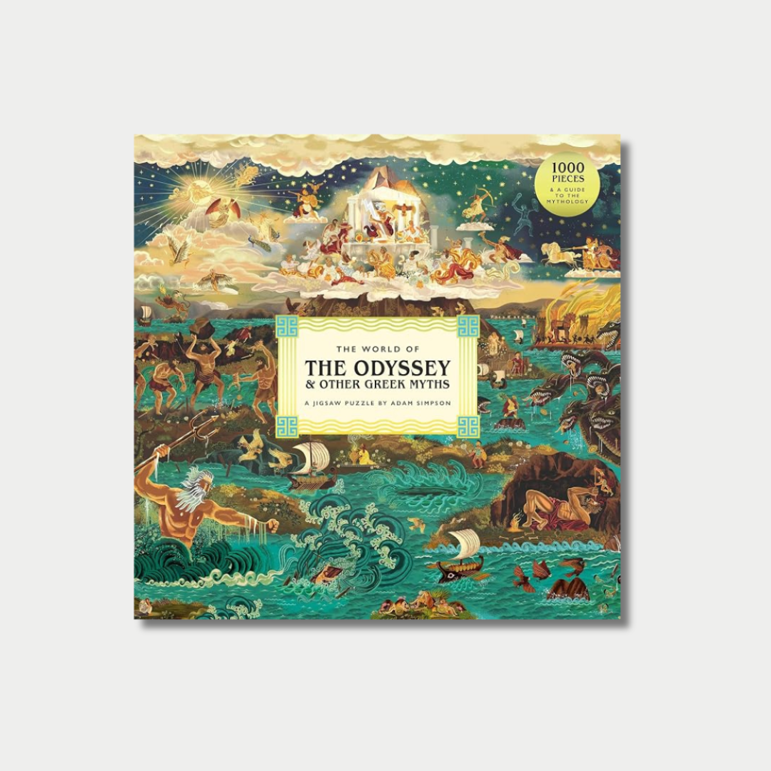 The box cover for "The World of The Odyssey & Other Greek Myths" jigsaw puzzle features an intricate, colorful illustration filled with mythological figures, gods, and ships set against a backdrop of turbulent seas and Mount Olympus.