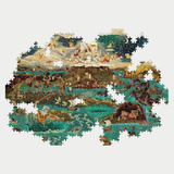 An intricately illustrated jigsaw puzzle depicting Greek mythological scenes from The Odyssey is shown partially assembled, with several missing pieces scattered throughout the landscape.