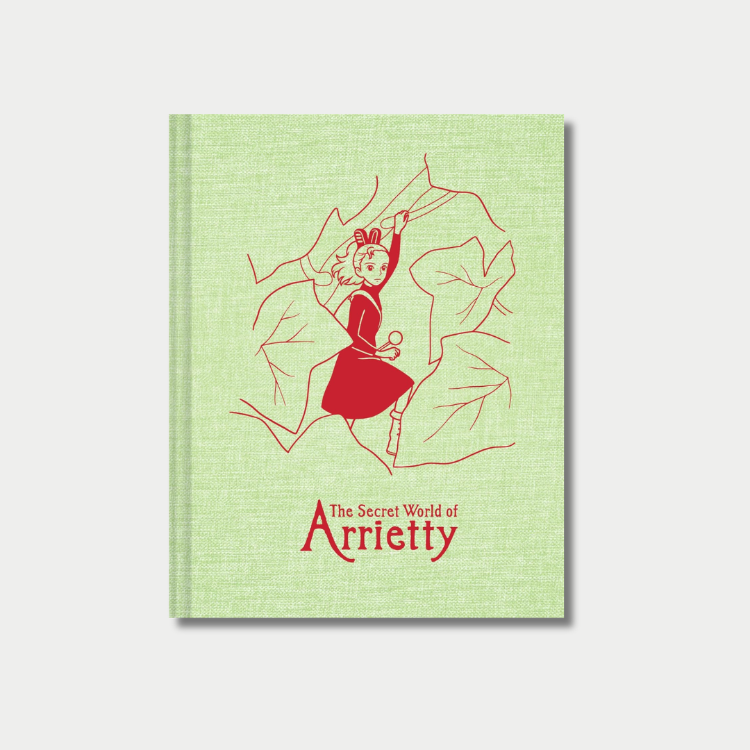 A hardcover notebook with a textured light green background featuring a red line art illustration of Arrietty climbing through ivy leaves above the red title text, "The Secret World of Arrietty."