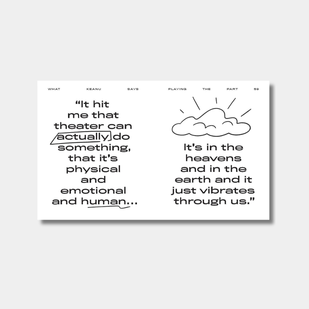 An interior page from the book "What Keanu Says" with black and white quotes and text.