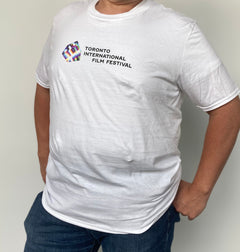 White T-shirt with a rainbow cube prism and "Toronto International Film Festival" written in black across the chest. 