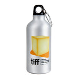 Brushed silver coloured water bottle with black lid. Image of an orange, glowing cube structure, which represents the TIFF Bell Lightbox. "TIFF Toronto International Film Festival, September 6-16, 2018" in black lettering underneath.